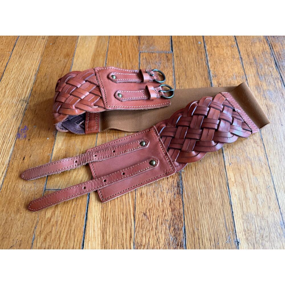 EXPRESS Wide Brown Woven Leather Waist Belt sz S/M - Picture 4 of 11